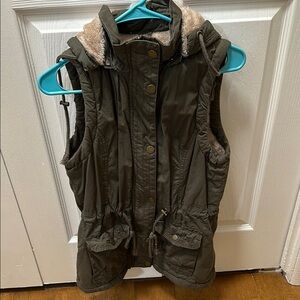 Olive Green Hooded Vest with Faux Fur Lining